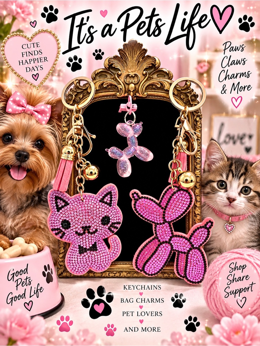 Three cat and dog bag charm keychains 🐾
